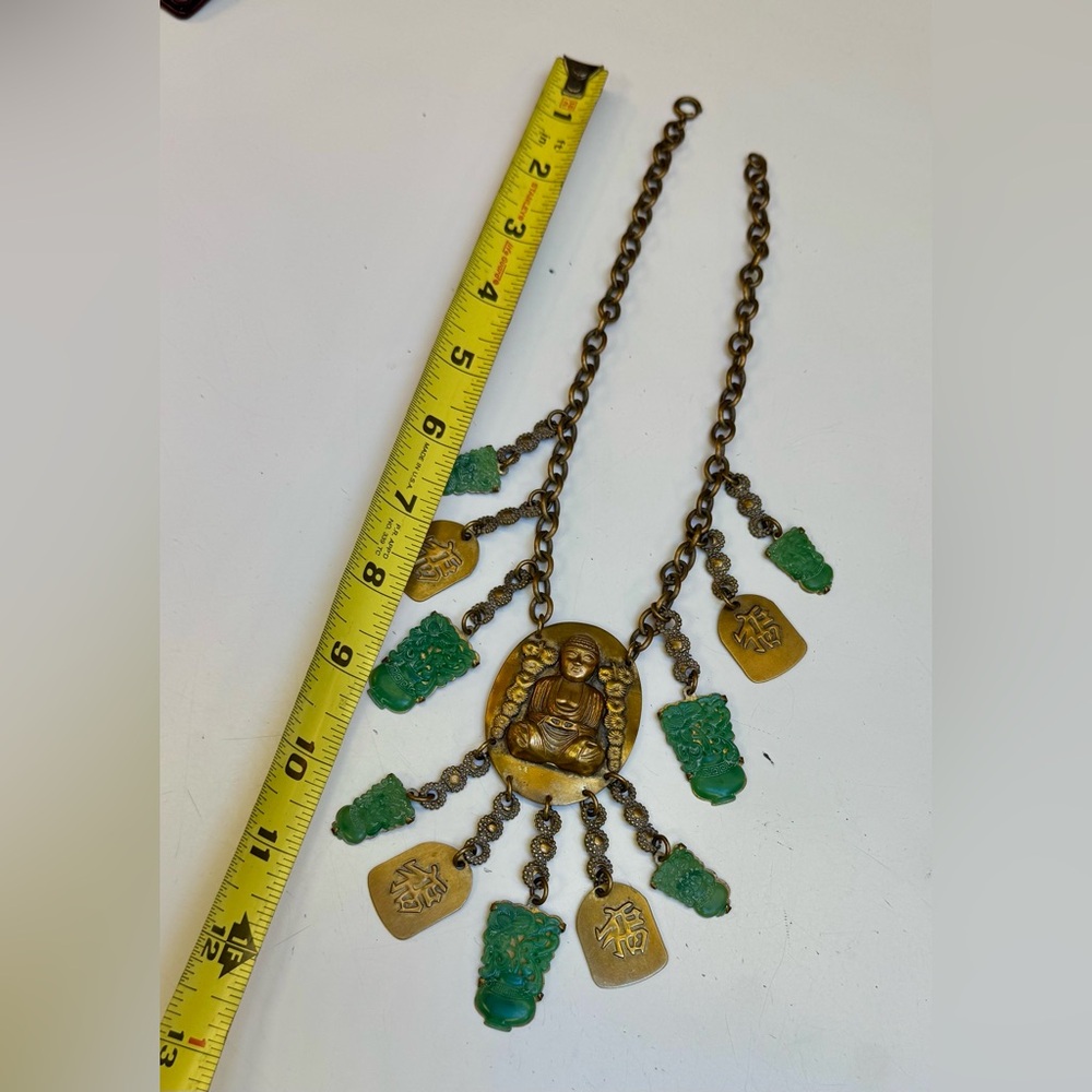 Antique 1930s Art Deco revival asian brass Buddha multi~charm faux jade festoon - Picture 8 of 13